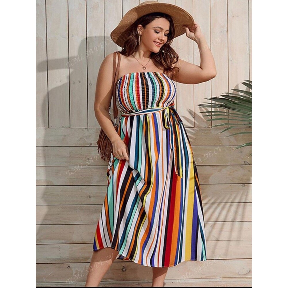 Shein Curve 2XL Long Multicolored Striped Belted Dress Vacation Beach Stretch